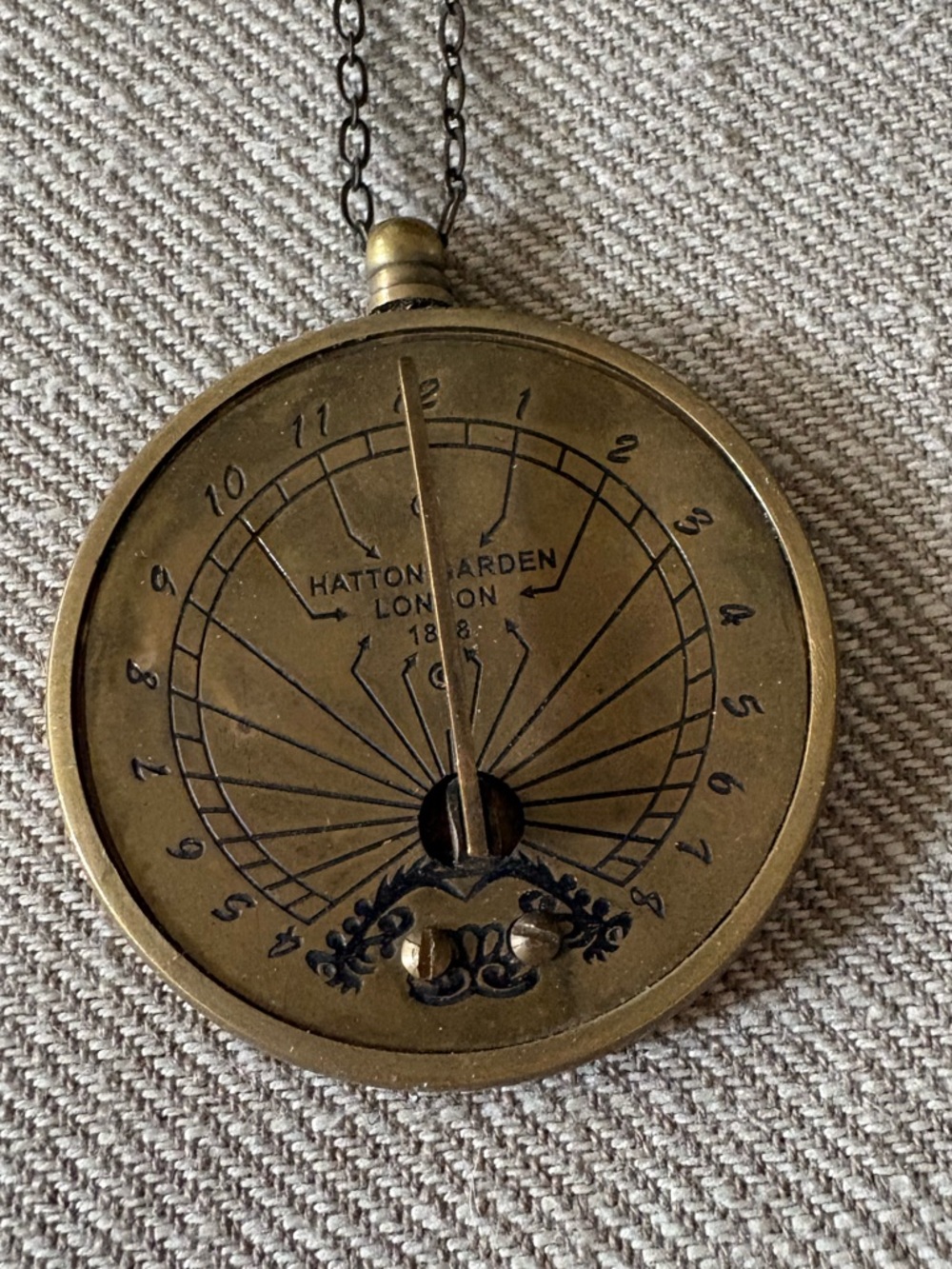 Hatton Garden London 1898 brass Sundial vintage reproduction pendant or keychain
